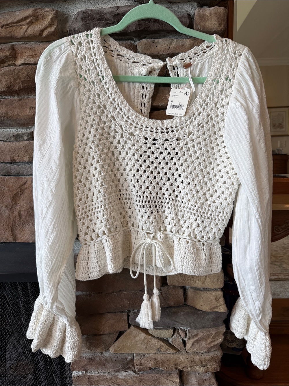 Free People Cream Crochet Drawstring Peasant Top
